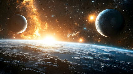Wall Mural - A breathtaking view of a planet's surface with two moons and a bright star in the distance.