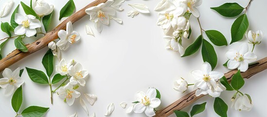 Poster - White background with jasmine flowers and bark ideal for hair treatment creating an appealing flat lay copy space image