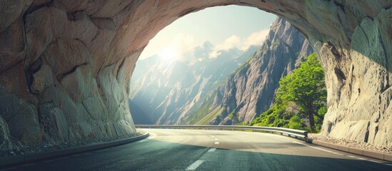 Sticker - Empty asphalt road tunneling through a mountain tunnel under the bright summer sun with a copy space image included