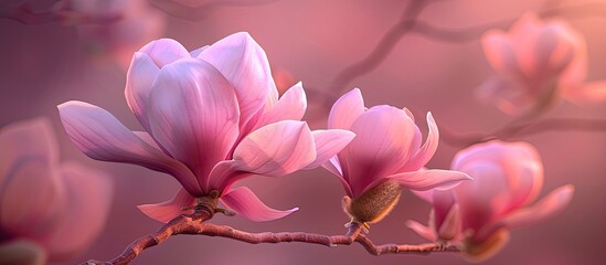 Fototapete - A pink magnolia flower in full bloom showcasing wide petals with a gradient fading from dark pink to light pink all set against a branch with multiple similar flowers perfect for a copy space image