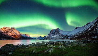 Canvas Print - northen light under mountains beautiful natural landscape in the norway