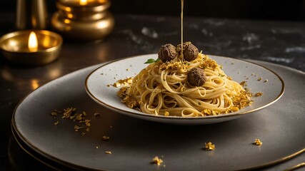 stock photography golden truffle pasta with a background of expensive fine dining restaurant