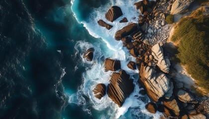 Wall Mural - dramatic overhead shot of rugged coastline with rocks and crashing waves nature background