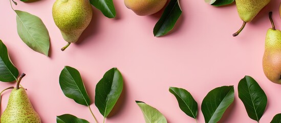 Poster - A wooden board featuring fresh pears and leaves set against a pink backdrop with copy space image
