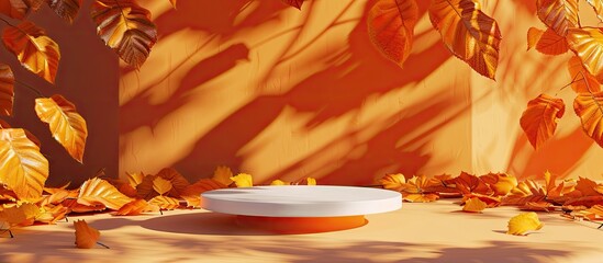 Poster - Product podium staged against vibrant fall leaves on orange backdrop with shadows offering an autumn themed copy space image