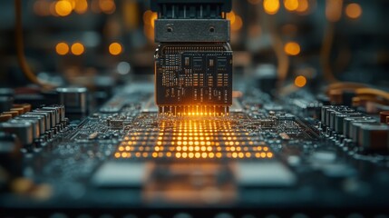 Poster - A precise assembly of electronic components on a printed circuit board under warm ambient lighting.