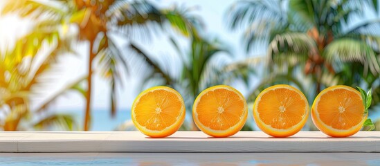 Poster - A white wooden board showcases halved fresh oranges beside blurred palm trees in the garden offering ample copy space for decor or objects
