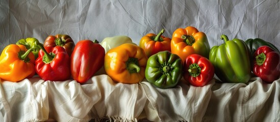 Poster - Colorful bell peppers nicely arranged on a linen cloth with available copy space image