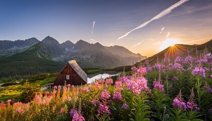 Sticker - sunrise over hala gasienicowa with tatra mountains and blossoms