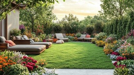 Poster - A lush green lawn with a variety of colorful flowers and a few lounge chairs