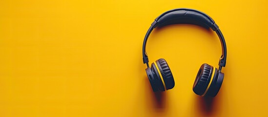 Poster - Top view of headphones on a yellow backdrop with room for a copy space image