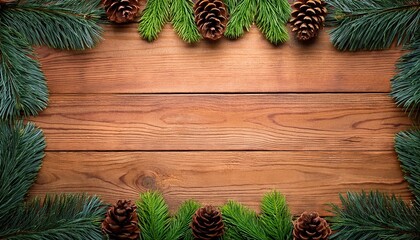 Canvas Print - christmas or new year background with a wooden board green fir branches and pine cones natural ornament border background