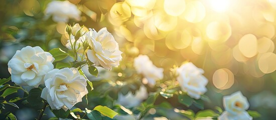 Fototapete - Sunny summer day at the park reveals blooming white roses illuminated by sunlight against a blurred background with a gardening concept offering ample copy space image