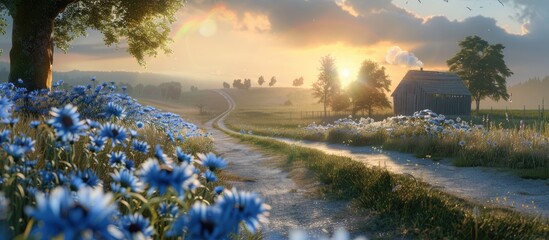Poster - Cornflowers blossoming in a field next to a rural road with a scenic backdrop for a copy space image