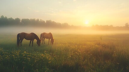 Two horses graze quietly in a misty meadow, bathed in the soft light of sunrise.