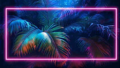 Wall Mural - a creative illustration of an exotic jungle with neon accents highlighting the lush foliage framed by a glowing neon border for an eye catching design