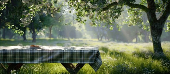Aufkleber - Outdoor picnic scene set with a checkered tablecloth on a table beneath the shade of tree branches provides a serene backdrop ideal for any copy space image