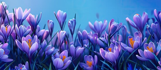 Aufkleber - A stunning display of crocus flowers set against a vivid blue backdrop creates a serene copy space image