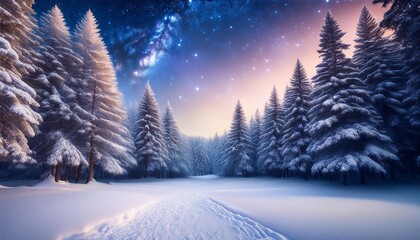 landscape white snow pine forest merry christmas of winter wonderland galaxy beautiful stars light glow ai generate