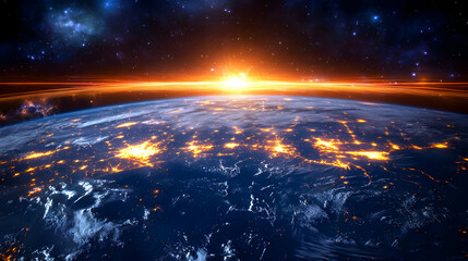 Wall Mural - A breathtaking view of Earth from space, showing the sunrise over a city skyline.