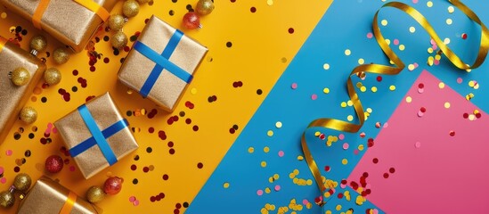 Aufkleber - Top view of golden gift boxes and confetti on a colorful backdrop with copy space image