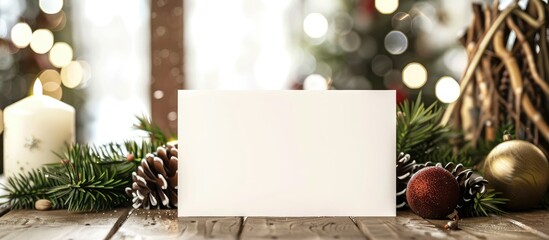 Wall Mural - A Christmas card mockup featuring a white blank area for text alongside festive New Year decorations perfect for adding your own personal touch with copy space image