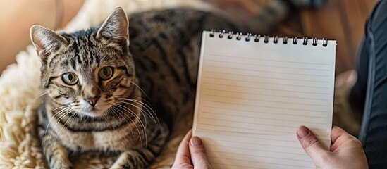 Poster - A cat rests on a cat tower while a hand holds a blank notepad near it for a copy space image