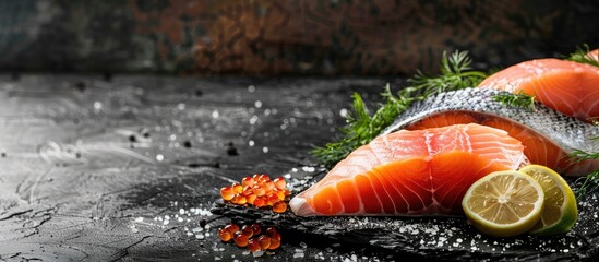 Poster - Fresh seafood fillet displayed on a rustic table setting with a copy space image for keto paleo or vegetarian diets