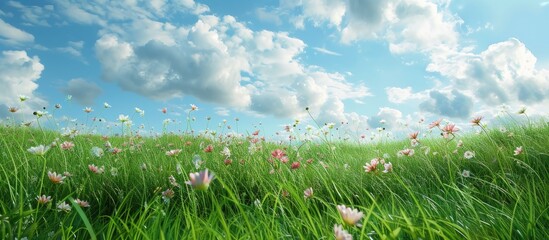 Poster - Nature setting with fresh grass and cosmos flowers in a picturesque meadow field providing a serene copy space image