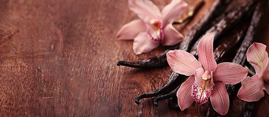 Fototapete - Close up of vanilla pods and flowers displayed on a wooden table with room for text alongside in the image. Creative banner. Copyspace image