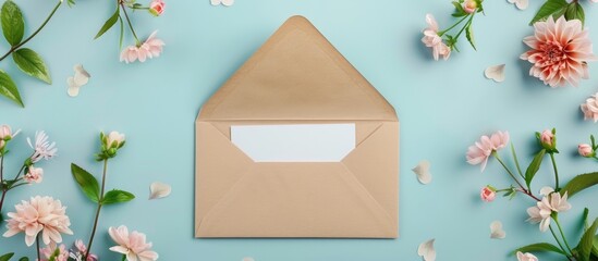 Poster - From a top view a blue background features an envelope and blank paper with a floral design creating a copy space image