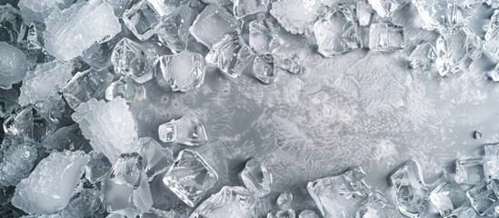 Wall Mural - Top view of a crushed ice frame on a grey background with ample space for text