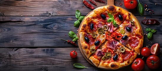 Poster - Top view photo of delicious pizza with cured ham olives sun dried tomato and pepper on a wooden surface ideal for adding text. Creative banner. Copyspace image