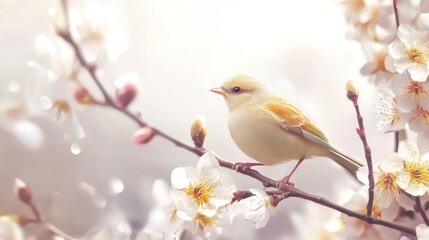 Naklejka na meble A Bird Perched on a Branch with Delicate White Blossoms