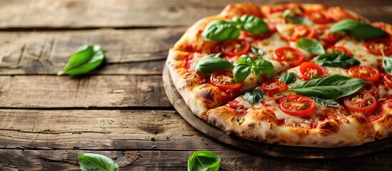 Poster - Classic pizza margherita topped with slices of juicy tomatoes gooey melted cheese and fresh basil leaves on a rustic wooden table background with copy space image