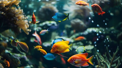 Seascape view of Colorful fishes in the blue ocean. Tropical sea underwater fishes on coral reef. Aquarium oceanarium wildlife colorful marine panorama landscape