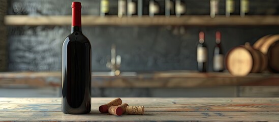 Poster - Red wine bottle displayed on wooden surface with corks perfect for a copy space image