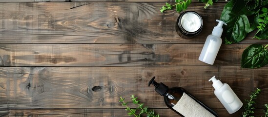 Aufkleber - Herbal hair care products displayed beautifully on a wooden surface from above with ample empty space for text or logos in the image