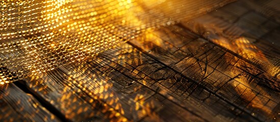 Poster - Dark copyspace image with a golden circle chain mesh creating a grid like sunbeam on the textured natural wood surface