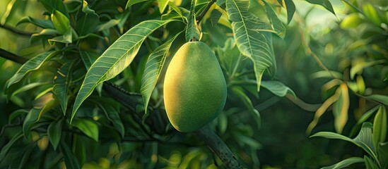 Poster - A vibrant youthful and ripe green mango fruit is suspended from a tree in an organic farm creating a picturesque scene with copy space image