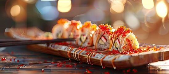 Poster - Sushi rolls topped with red tobiko and mayonnaise on a wooden plate with chopsticks isolated on a white background for a copy space image