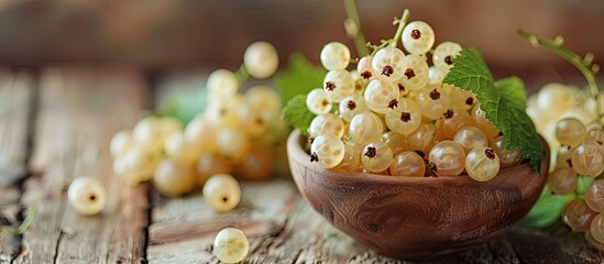 Canvas Print - Close up view of a bowl with fresh white currant berries on a wooden table ideal for adding text in the empty area in the photo a copy space image