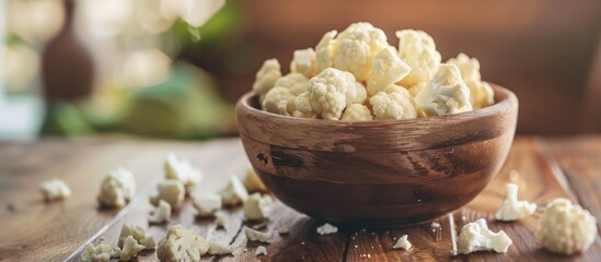 Poster - Selective focus on cauliflower florets in a wooden bowl with a table Ideal for copy space image