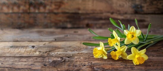 Poster - Floral nature photograph showcasing yellow narcissus and daffodil on a rustic wooden background ideal as an Easter wallpaper with an available copy space image