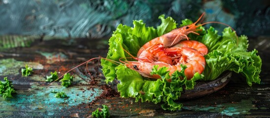 Poster - Fresh green leaf lettuce mix with prawns or langoustines a healthy meal or snack on a rustic table with copy space Ideal for keto paleo vegetarian or pescetarian diets