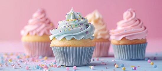 Aufkleber - Cupcakes with intricate decorations on a pink backdrop perfect for a gender reveal party with copy space image