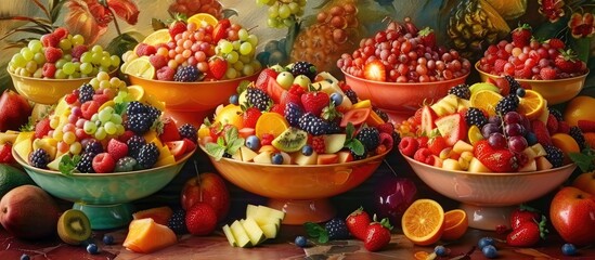 Poster - A vibrant scene featuring an array of colorful fruit salads overflowing with fresh cut delights creating a captivating copy space image