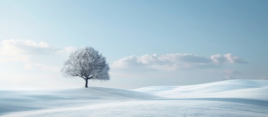 Fototapete - Snow covered landscape with a lone lenga tree creating a serene scene with a vast empty horizon perfect for a copy space image