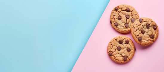 Poster - Top view of cookies on a blue and pink background with copy space image