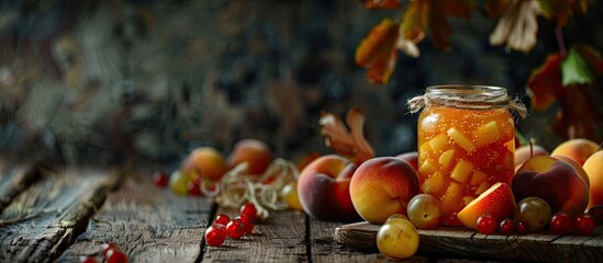 Poster - Autumn themed homemade peach jam in small jar with fruits on wooden table for fall preparations ideal for a copy space image